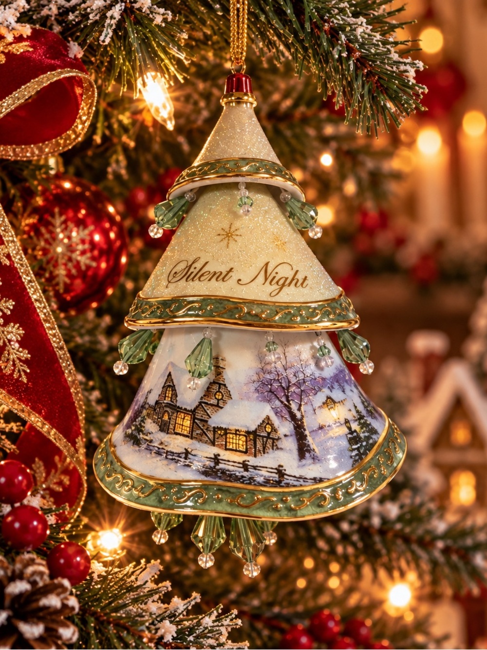 Bradford THOMAS KINKADE CHRISTMAS TREE SILENT NIGHT Bell Ornament